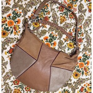 Noa NWOT Leather Suede Calf Hair Patchwork Hobo Bag Brown Tan Burgundy